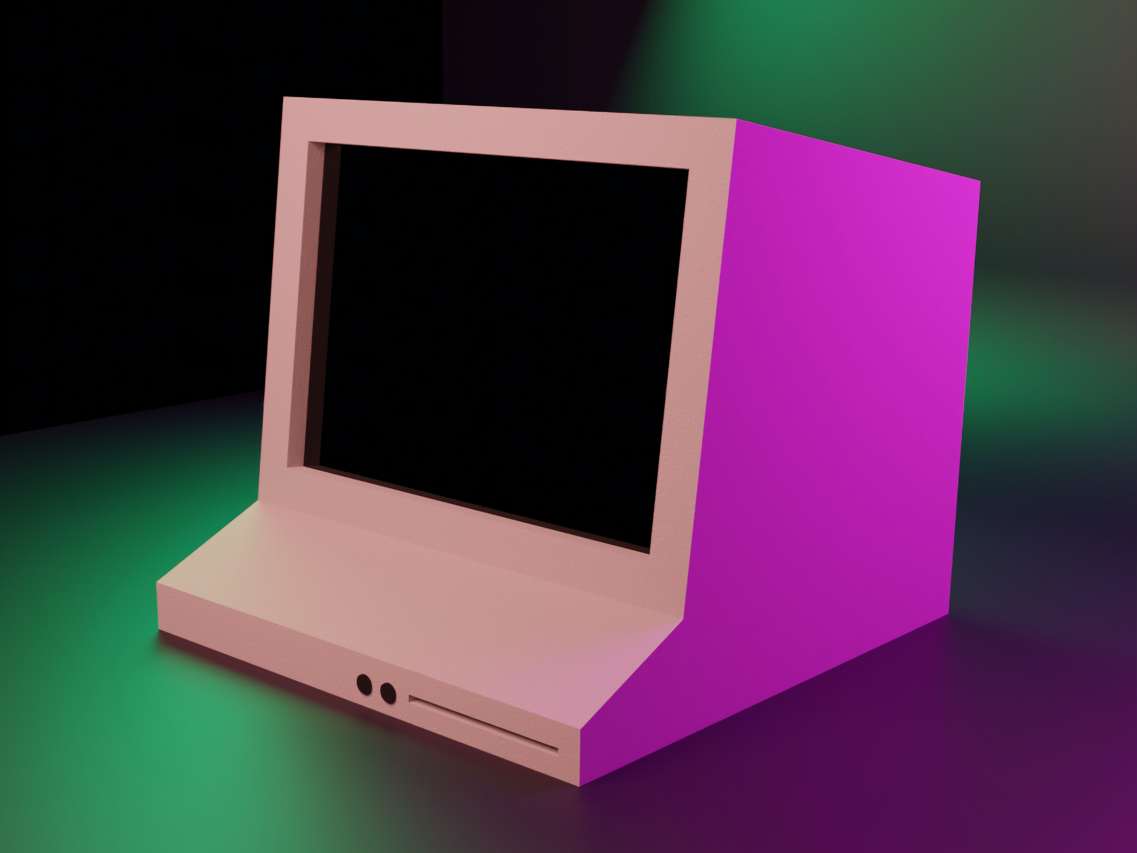 a computer screen with a disc slot at the bottom, in pink. 